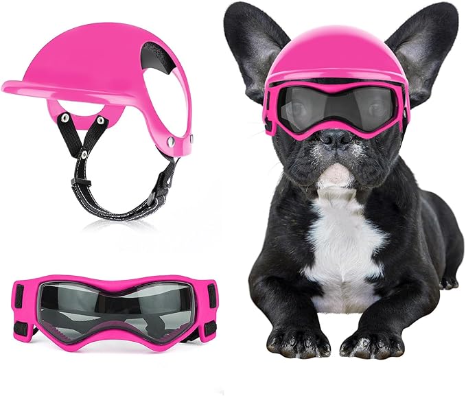 Dog Helmet with Dog Goggles for Small Dogs - Pet Motorcycle Helmet Hat with Ear Holes Adjustable Straps Safety Helmet for Puppy Riding