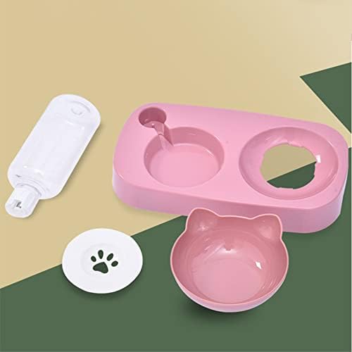 Pet Dog Bowl Automatic Cat Food with Water Fountain Drinking Raised Stand Dish Bowls and Dush(Pink)
