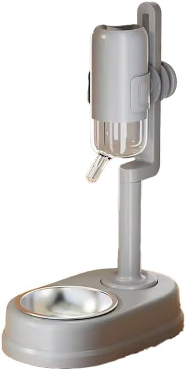 Integrated pet Water Dispenser, Automatic Ball Water Dispenser, Water Dispenser for Cats and Dogs After Licking, Adjustable Height, Suitable for Both Cats and Dogs, Stainless Steel Bowl, Gray Version