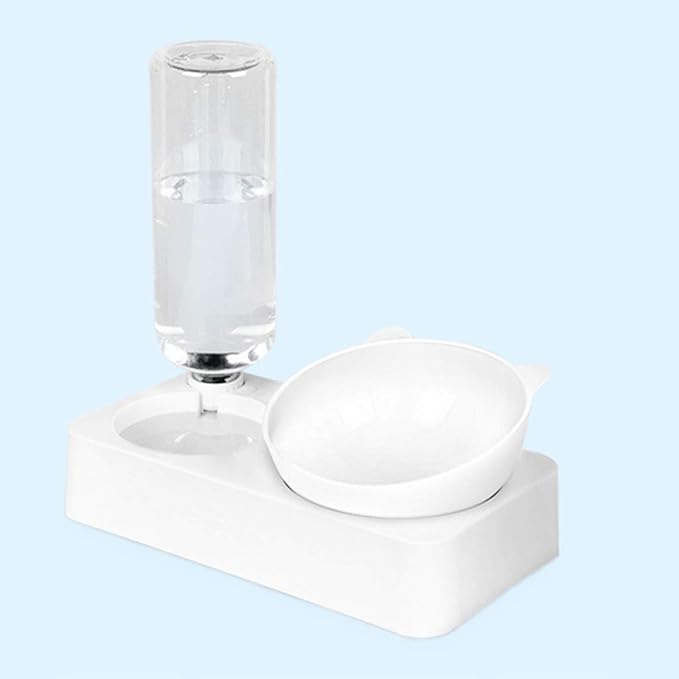 Pet Bowl Automatic Feeder with Water Fountain Double Drinking Raised Stand Dish
