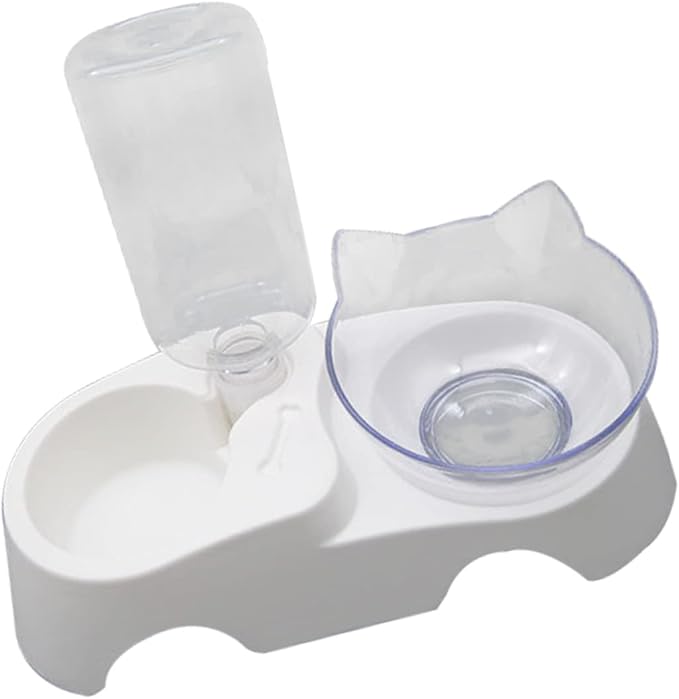 Multi-Function Pet Bowl Set Automatic Water Feeder for Cats and Dogs Dual-Bowl Design with Tilt for Comfortable Eating and Drinking Suitable for Small to Medium Pets White