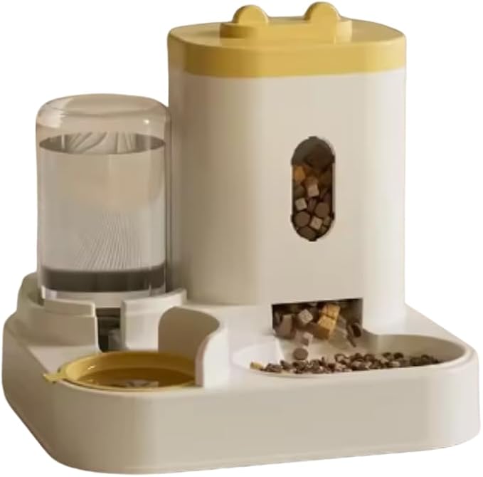 Automatic Feeder Dog Cat Food Bowl with Water Fountain Large Capacity Pet Food Storage Dispenser Container Puppy Pet Accessories (Yellow)