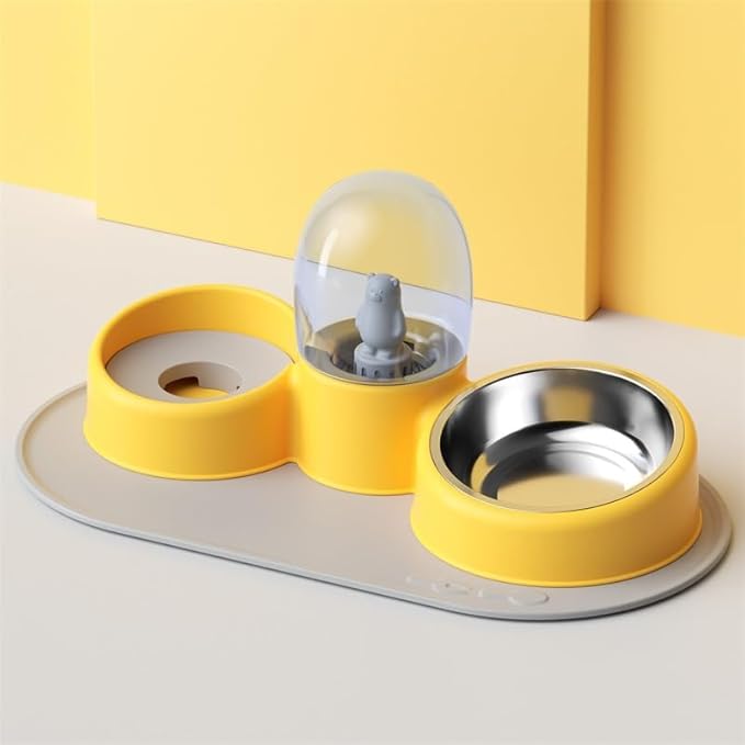 2 in 1 Dog Water and Food Bowl Set, Stainless Steel Automatic Cat Feeder Pet Water Dispenser Double Cat Bowls for Dogs Cats (Yellow)