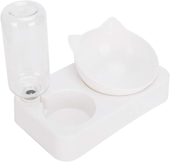 Qiilu Automatic Gravity Water Dispenser Bottle Pet Double Food Feeder Water Drinking Bottle 15° Adjustable Tilted Neck Protection Cat Dog Feeding Bowl (L)