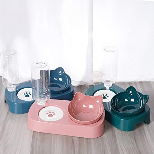 Pet Dog Bowl Automatic Cat Food with Water Fountain Drinking Raised Stand Dish Bowls and Dush(Green)
