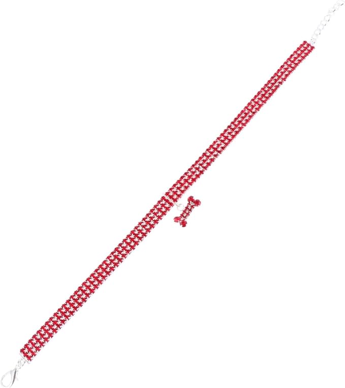 HEMOTON Rhinestone Pet Dog Collar Crystal Bling Adjustable Buckle Crimson Medium Size Luxury Necklace for Small to Medium Dogs