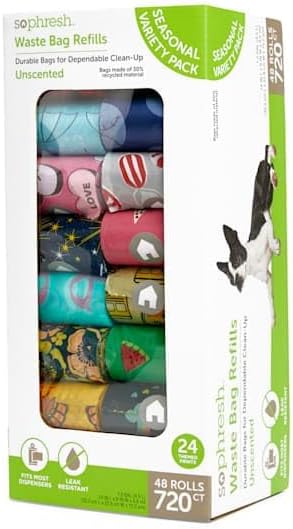So Phresh Dog Waste Bag Refill Rolls Seasonal Bulk Variety Pack. Count of 720
