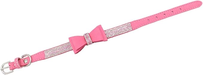 Pet Dog Collar Rhinestone Bow Tie Adjustable Microfiber XXS 25cm Pink Bling Collar for Small Cats and Puppies