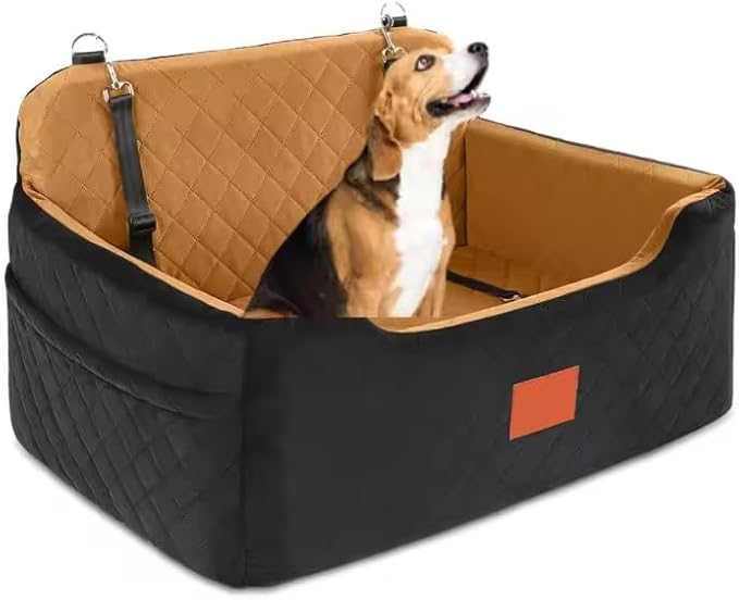 Quilted Pet Car Seat Booster, (Black and Tan) Washable Dog Car Seat with Safety Leash, Elevated Travel Carrier for Small to Medium Dogs