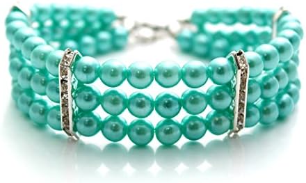 Fancy 3 Row Pearls Diamond Dog Necklace Collar Jewelry with Bling Rhinestones for Pets Cats Small Dogs Girl Teacup Chihuahua Yorkie Clothes Costume Outfits (Blue, 12 to 14-Inch)