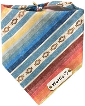 Personalized Dog Bandana, Sunburst Aztec Red Yellow Orange Blue, White Leather Name Tag, Personalized Name, Bandanas for Dogs, Over The Collar Dog Bandana (Sizes: XXSmall - XXLarge)