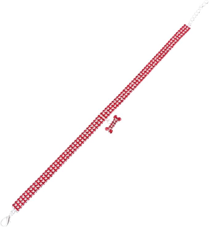 Rhinestone Pet Dog Collar Adjustable Crystal Dog Collar with Mini Bone Pendant Red M Size for Puppy