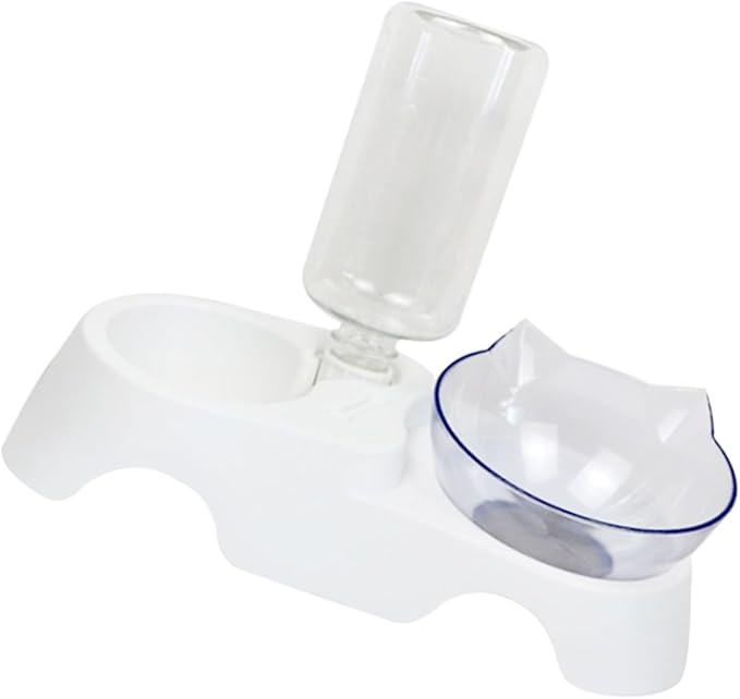 Pet Food Feeder Set Dual-Bowl Cat and Dog Food and Water Holder with Automatic Water Dispenser Tilted Design for Small to Medium Pets White