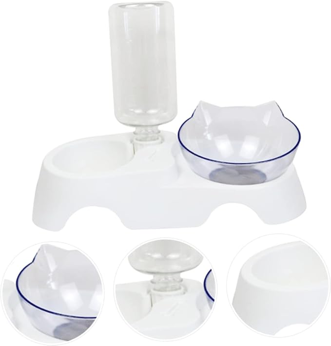 Dual-Bowl PET Feeder Set Automatic Water Dispenser 15° Tilted Cat and Dog Food Bowls for Small to Medium Pets