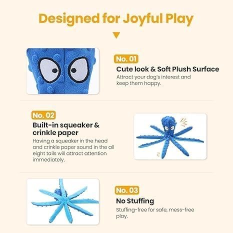 Bark & Brush Octopus Dog Toy 2-Pack – No Stuffing Squeaky & Crinkle Plush Dog Toys for Puppies & Dogs, Enrichment Chew Toy for Teething, Tug of War & Fetch