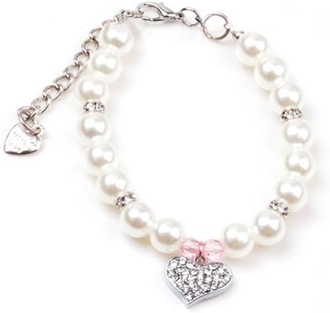 Fancy Pinky Crystal Heart Pet Cat Dog Necklace Jewelry with Bling Pearls Rhinestones Charm for Pets Cats Small Dogs Girl Teacup Chihuahua Yorkie Clothes Costume Outfits (10-Inch)