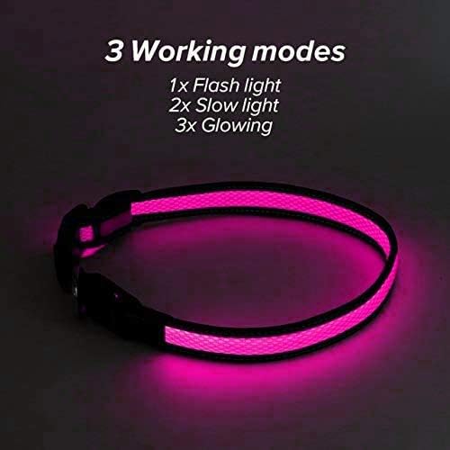 LED Dog Collar Rechargeable with Heavy Duty Electric USB Cable, Glow in The Dark with Luminous Night Reflective, Nylon Ribbon and Reflective Dog Collar for Small Medium Large Dogs (S(35-40cm), Pink)