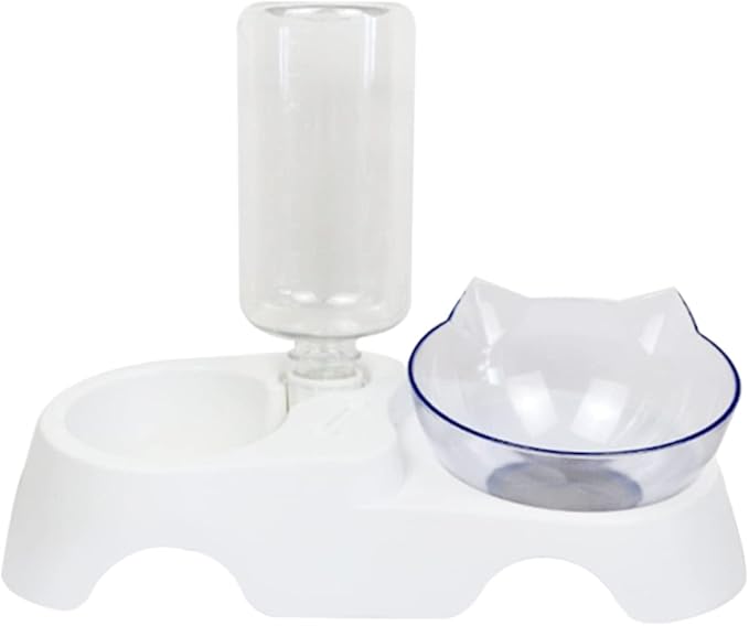 Dual-Bowl PET Feeder Set Automatic Water Dispenser 15° Tilted Cat and Dog Food Bowls for Small to Medium Pets