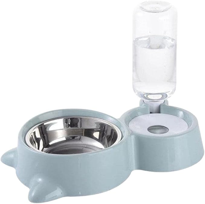 Double Puppy Cat Bowls - Pets Water Food Bowl Set, Stainless Steel Feeding Bowl Set with Automatic Water Bottle for Small Or Medium Size Dogs and Cat, Blue