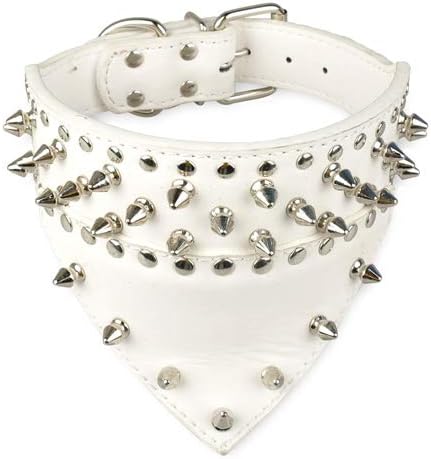 Spiked Studded Dog Collar PU Leather Pet Collar with Bandana Neck Size for 15-24 for S/M/L Breeds White S