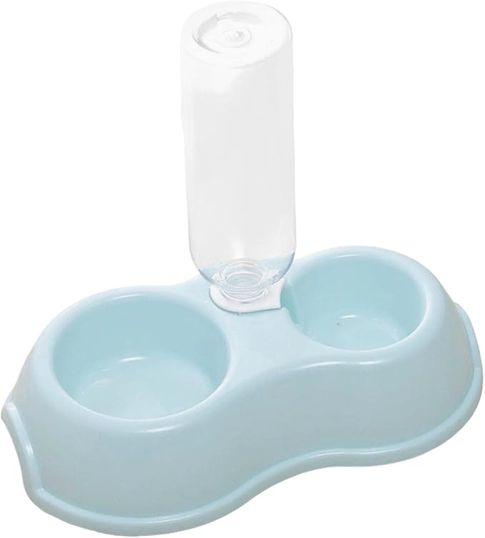 Fenteer 2 in 1 Double Cats Dogs Bowls Automatic Waterer Bottle Drinker Dish Feeder Pets Water and Food Bowl Set for Watering Rabbit Kitty Kitten, Blue