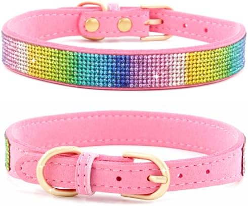 Haoyueer Rhinestone Dog Collar, Cute Dazzling Sparkling Soft Suede Leather Dog Cat Rhinestone Collar Crystal Diamond Pet Dog Puppy Collar (L, Pink-3)