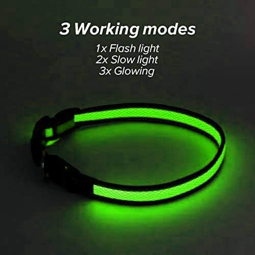 LED Dog Collar - USB Rechargeable Pet Collar Glows Brightly with Night Safety LEDs, Lights Up with Nylon Tape and Reflective, Perfect for Small Medium Large Dogs (M (Medium [43.5-50cm]), Green)