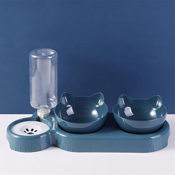 Triple Cat Bowls for Food and Water, Plastic Raised Cat Dishes, Automatic Water Bottle 3 in 1 Pet Bowls 2 Food Bowls and Water Feeder Set Wet Dry Food Bowl Set for Cats Puppy Small Dogs (Navy Blue)