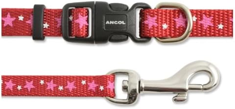 Ancol Small Bite Stars Collar and Lead Set Red Adjustable Design for Puppies and Small Dogs - 1m Lead with Soft Webbing - 20-30cm