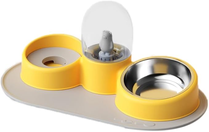 2 in 1 Dog Water and Food Bowl Set, Stainless Steel Automatic Cat Feeder Pet Water Dispenser Double Cat Bowls for Dogs Cats (Yellow)