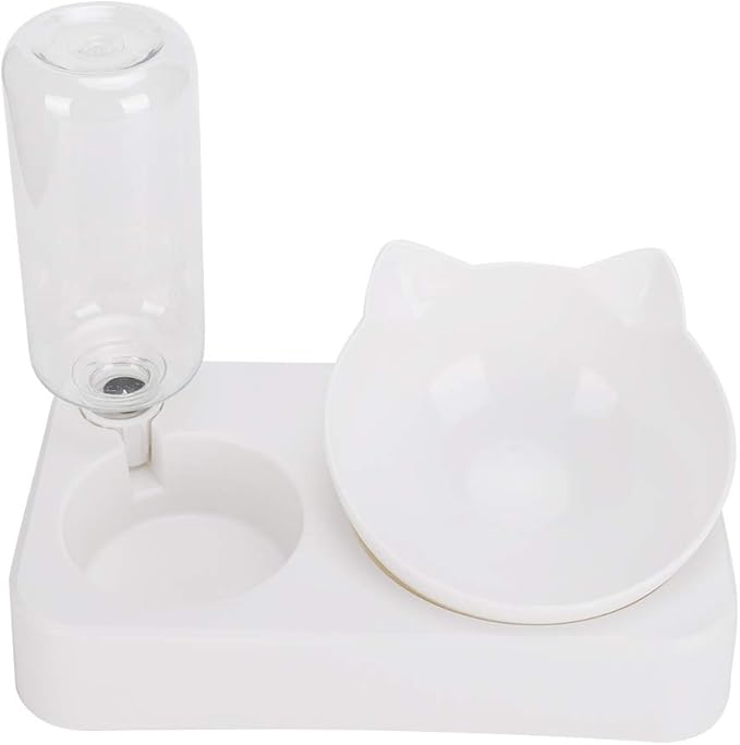 Qiilu Automatic Gravity Water Dispenser Bottle Pet Double Food Feeder Water Drinking Bottle 15° Adjustable Tilted Neck Protection Cat Dog Feeding Bowl (L)