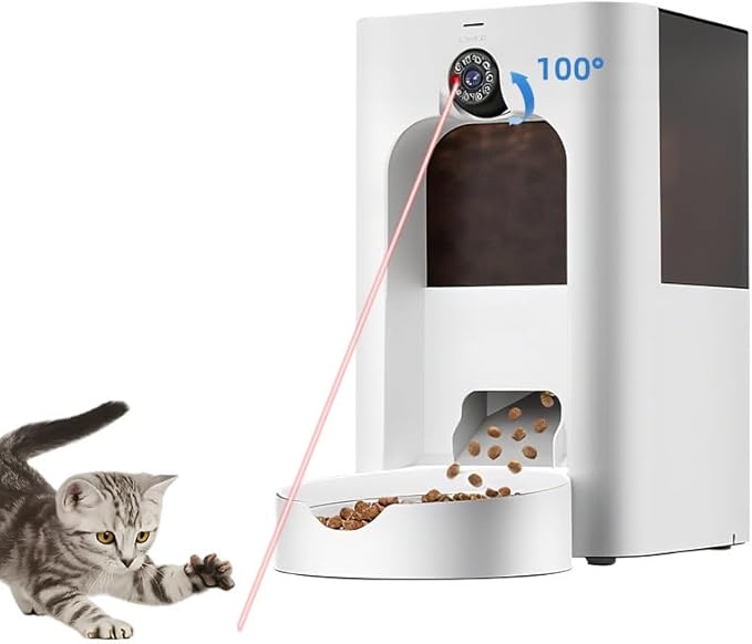Automatic Cat Feeder with Camera, 5L Large-Capacity Pet Feeder, HD Video & Night Vision, Two-Way Audio, Laser Play, Scheduled Portion Control, Dual-Band WiFi, Battery & Plug-in Power