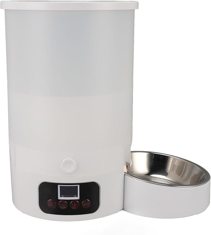 Dog Cat Automatic Feeder Visible Bucket Automatic Pet Feeder Stainless Steel Key Control for Home (White Single Bowl)