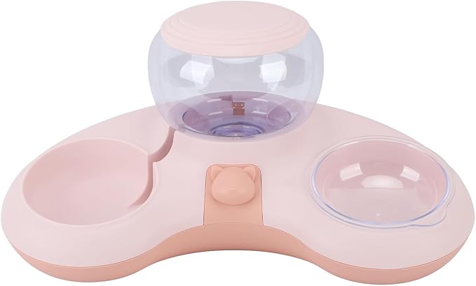 Dual Bowls 1.4L Cat Dog Water Dispenser Automatic Pets Water Food Feeder, Slant Mouth, Slip Base (Pink)