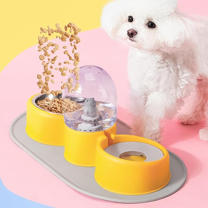 2 in 1 Dog Water and Food Bowl Set, Stainless Steel Automatic Cat Feeder Pet Water Dispenser Double Cat Bowls for Dogs Cats (Yellow)