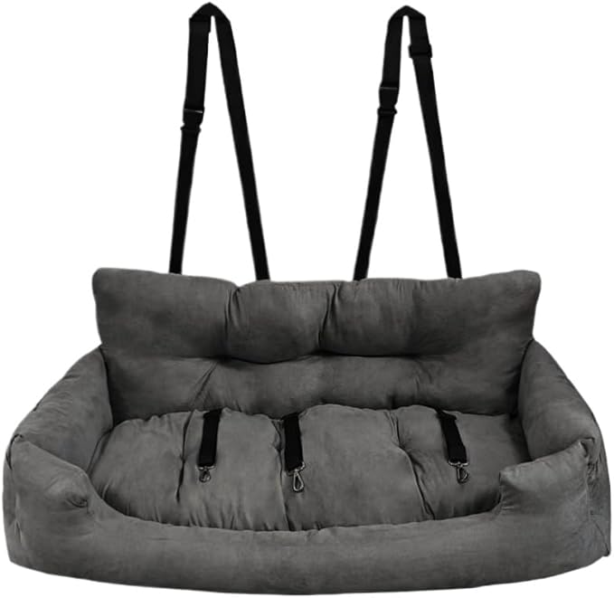 Dog Car Seat, Safe Cozy Travel Bed Carrier with Clip-On Leash, Storage Pockets, Water-Resistant & Machine Washable for Puppies(Dark Grey 3 Seat)