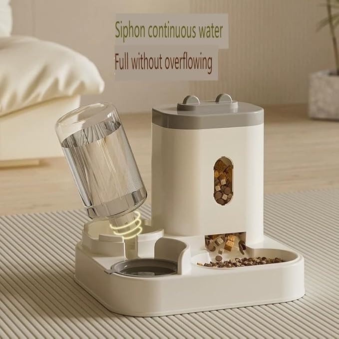 2-in-1 Automatic Feeder Dog Cat Food Bowl with Water Fountain Large Capacity Pet Food Storage Dispenser Container Puppy Pet Accessories (Peach Powder)