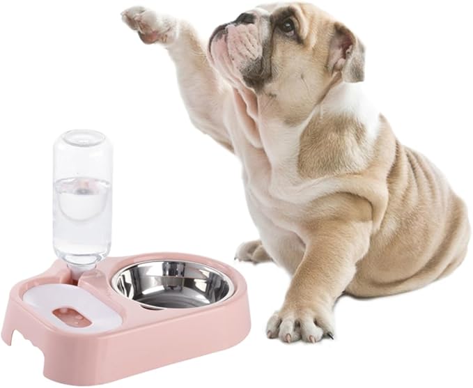 Pet Double Bowl with Automatic Water Feeder Smooth Safe and Stylish Feeding for Cats and Dogs Pink Convenient Food and Water Bowl for Home Decor