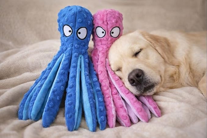 Bark & Brush Octopus Dog Toy 2-Pack – No Stuffing Squeaky & Crinkle Plush Dog Toys for Puppies & Dogs, Enrichment Chew Toy for Teething, Tug of War & Fetch