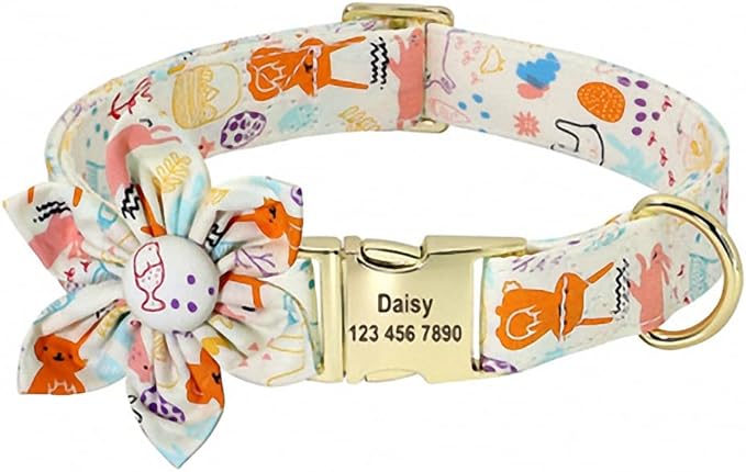Custom Flower Dog Collar Nylon Floral Printed Pet Dog Collars Personalized Puppy Collar for Small Medium Large Dogs Cat Pitbull 167 White M