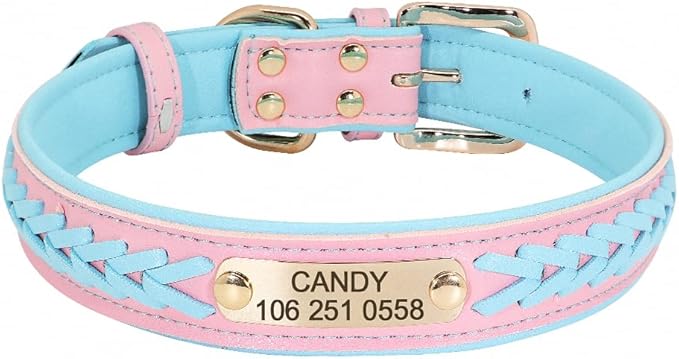 Personalized Braided Dog Collar Custom PU Leather Dog Collars Padded Pet ID Collar for Small Medium Large Dogs Pitbull Bulldog Blue L