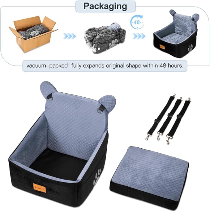 Dog car Seats for Small/Medium Dogs up to 33lbs- Washable, Waterproof, Dog Booster & car Seats with 2 Easy-Install Safety Belts, Non-Slip Base & Storage Pocket(Grey Black).
