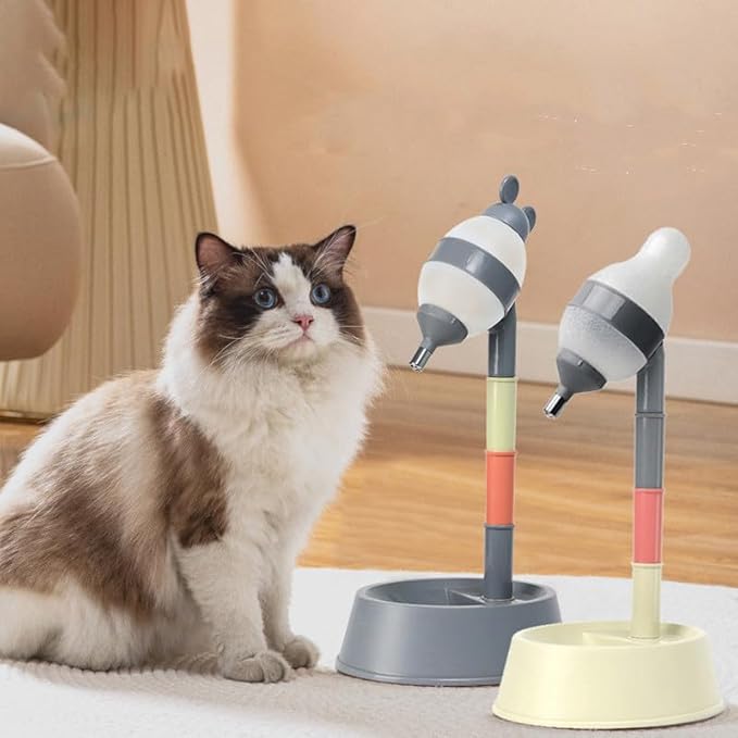 Tnfeeon Pet Standing Water Dispenser, Height Adjustable Cat Dog Standing Bowl with Detachable Pole Automatically Feeding Water (Beige Bottom)