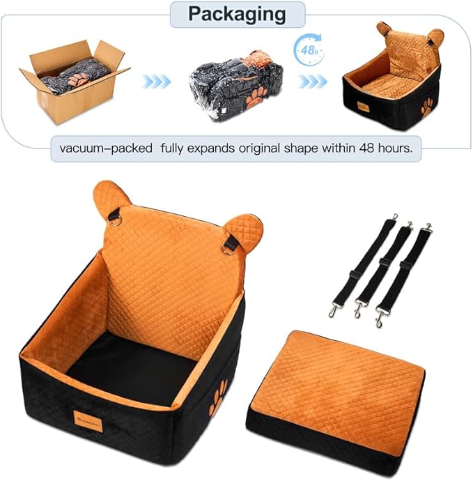 Dog car Seats for Small/Medium Dogs up to 33lbs- Washable, Waterproof, Dog Booster & car Seats with 2 Easy-Install Safety Belts, Non-Slip Base & Storage Pocket(Brown Black).