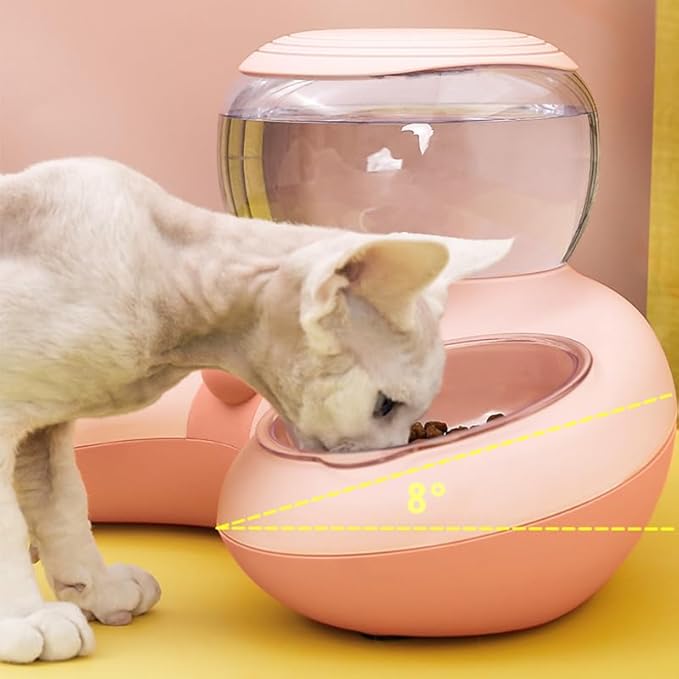 Pet Food and Water Bowl Set, Large Capacity Crescent Type Tilt Design Automatic Double Pet Bowls with Skid Resistance Bottom, Pet Feeder Automatic Gravity Water Dispenser for