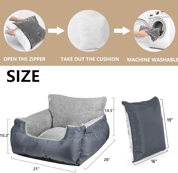Dog Car Seat for Small Dogs, Fully Detachable and Washable Cat Carseats Under 25 lbs, Soft Pet Booster Seats with Storage Pockets and Clip-On Leash Portable Car Travel Carrier Bed (Grey, Large)