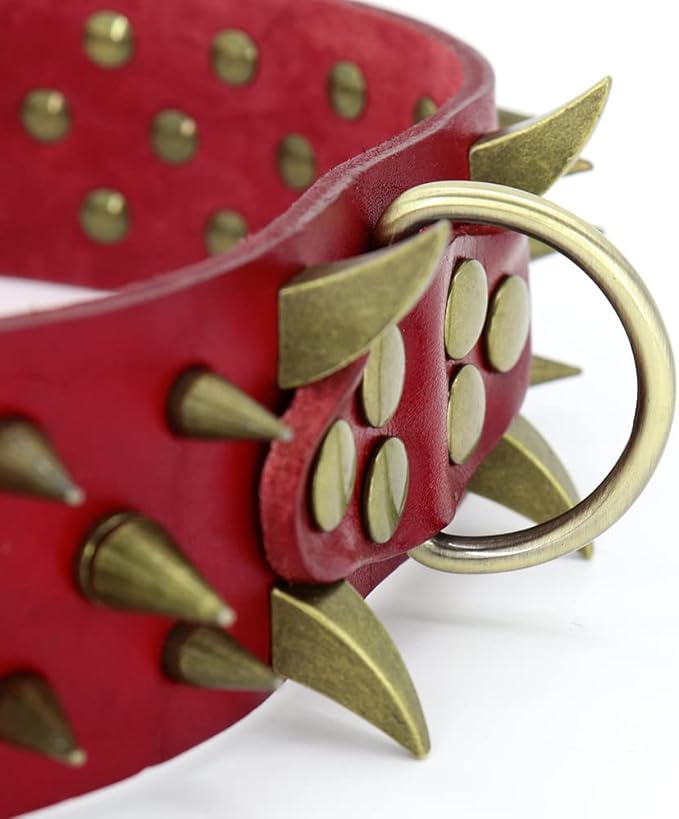 Spiked Studded Leather Dog Collars Wide Sharp Pitbull Big Dog Collar Adjustable for Medium Large Dogs Boxer Bulldog Red L XL