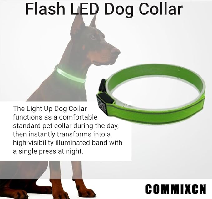 COMMIXCN Green LED Light Up Dog Collar, High Visibility Reflective Pet Collar, Adjustable Universal for Dogs & Humans, for Large Medium Small Dogs
