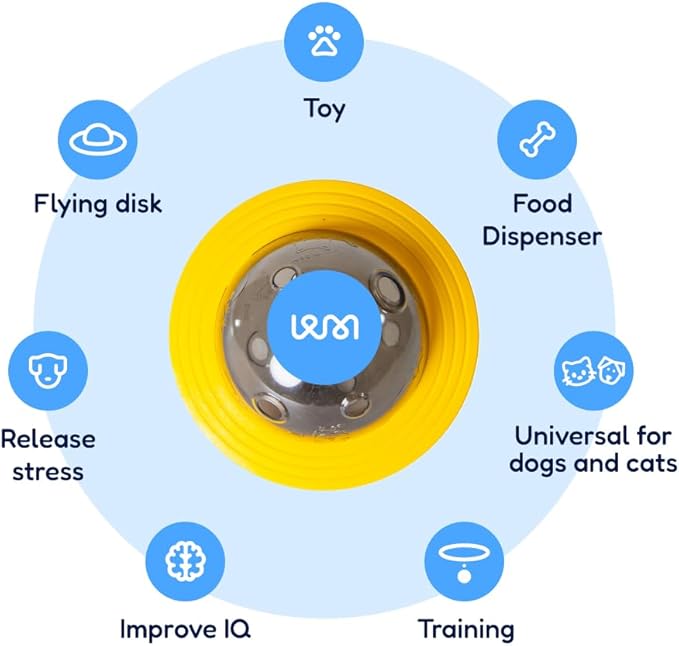 2-in-1 Pets Smart Portable Feeder & Toy, Interactive UFO-Shaped Kibble Dispenser, Indestructible Dog Toy Puzzle for Enrichment and Mental Stimulation Alternative to Slow Feeder (Yellow)