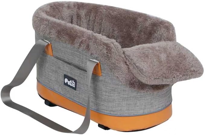 Pet Car Center Console Elevated Armrest Car Seat for Small Puppies, Dogs & Cats (Up to 10 lbs) – Khaki Washable Plush Carrier with Safety Leash, Fits Front Vehicle Console Space